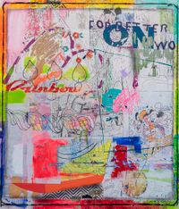 2019, multimedia painting with image transfer on panel, 56 x 48 inches. For Better or for Worse