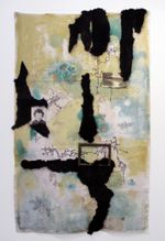 Graphite, acrylic, augmented photo, wooden frame, skeleton key,
damaged postcard, vellum fragment, cotton thread, repurposed fur coat, 31” x 51.5” Cherie Weaver - Plat Map Of Apportation