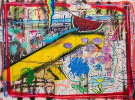 2020, multimedia painting with transfers on panel, 36 x 48 inches. Past Midnight,