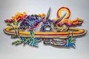 2022, acrylic on panel, 41 x 91 Triceraskull