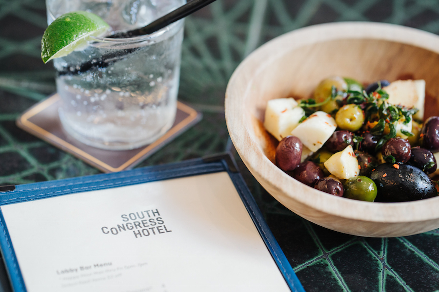 Cocktail and olives at South Congress Hotel