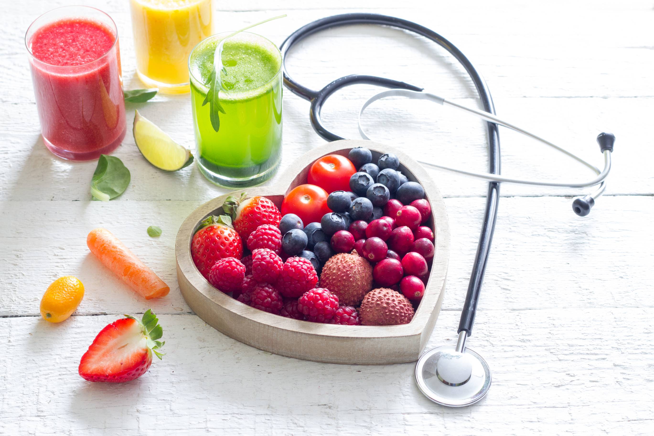 Fruits and juices next to a stethoscope Nutrient Depletion Counseling