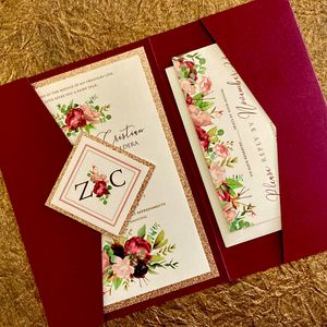 burgundy folder, rose gold glitter, monogram, pink and burgundy florals