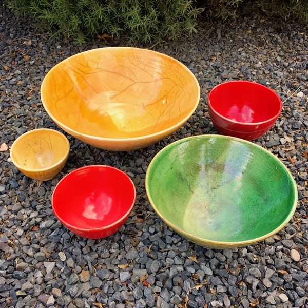 Yellow, Green and Red Raku Bowls