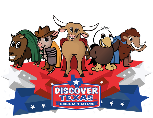 Discover Texas Field Trips logo Super Hero Mascots 
