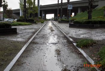 Commemorative with cement where the former tracks were Pacific Electric Railway