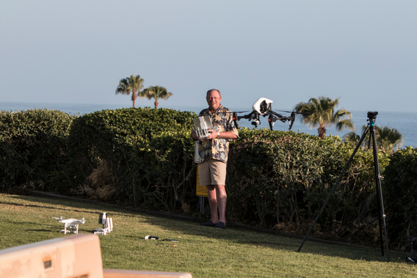 Drone Eddie lifts off his Inspire before sending it about 1 mile out over the ocean over a pod of 4 migrating gray whales Eddie and Inspire