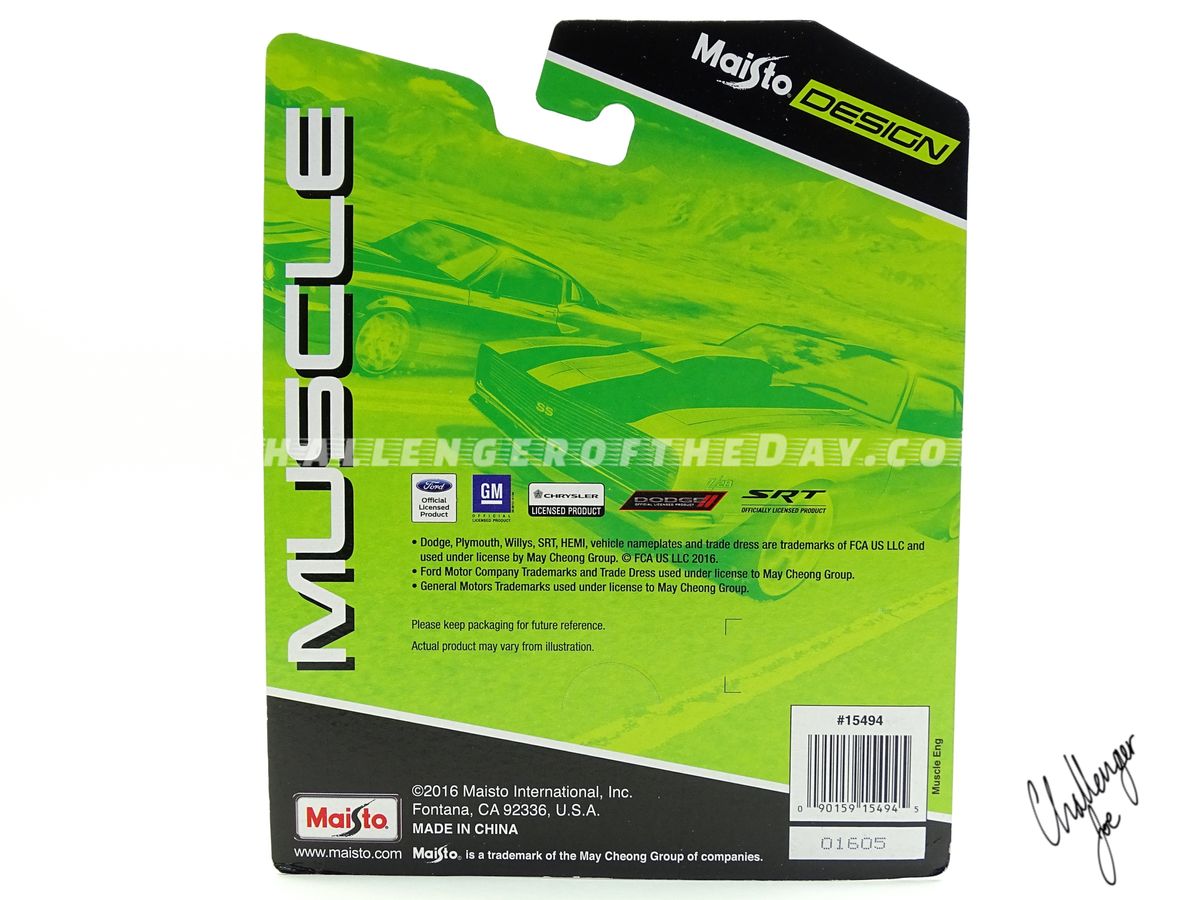 Maisto Design 1970 Dodge Challenger RT  with Shaker in Gold - Package Back View Maisto 1970 Challenger RT PkgBk.jpg