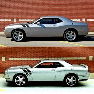 An awesome comparison view of the 2011 Dodge Challenger R/T Classic Billet Silver Metallic 5.7L Super Hemi Track Pack and it's 1:64 Scale die cast counterpart. Side by Side View