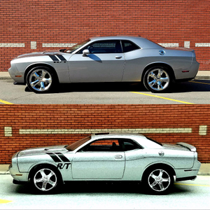 An awesome comparison view of the 2011 Dodge Challenger R/T Classic Billet Silver Metallic 5.7L Super Hemi Track Pack and it's 1:64 Scale die cast counterpart. Side by Side View