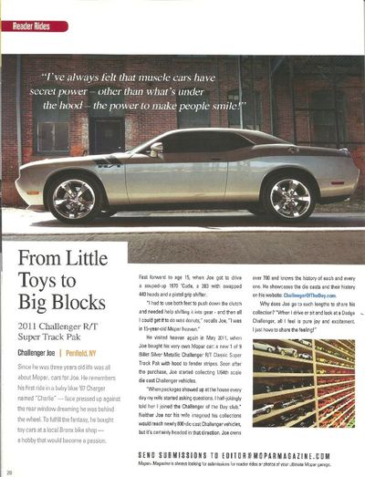 Challenger Joe's featured Challenger in Mopar Magazine From Little Toys to Big Blocks