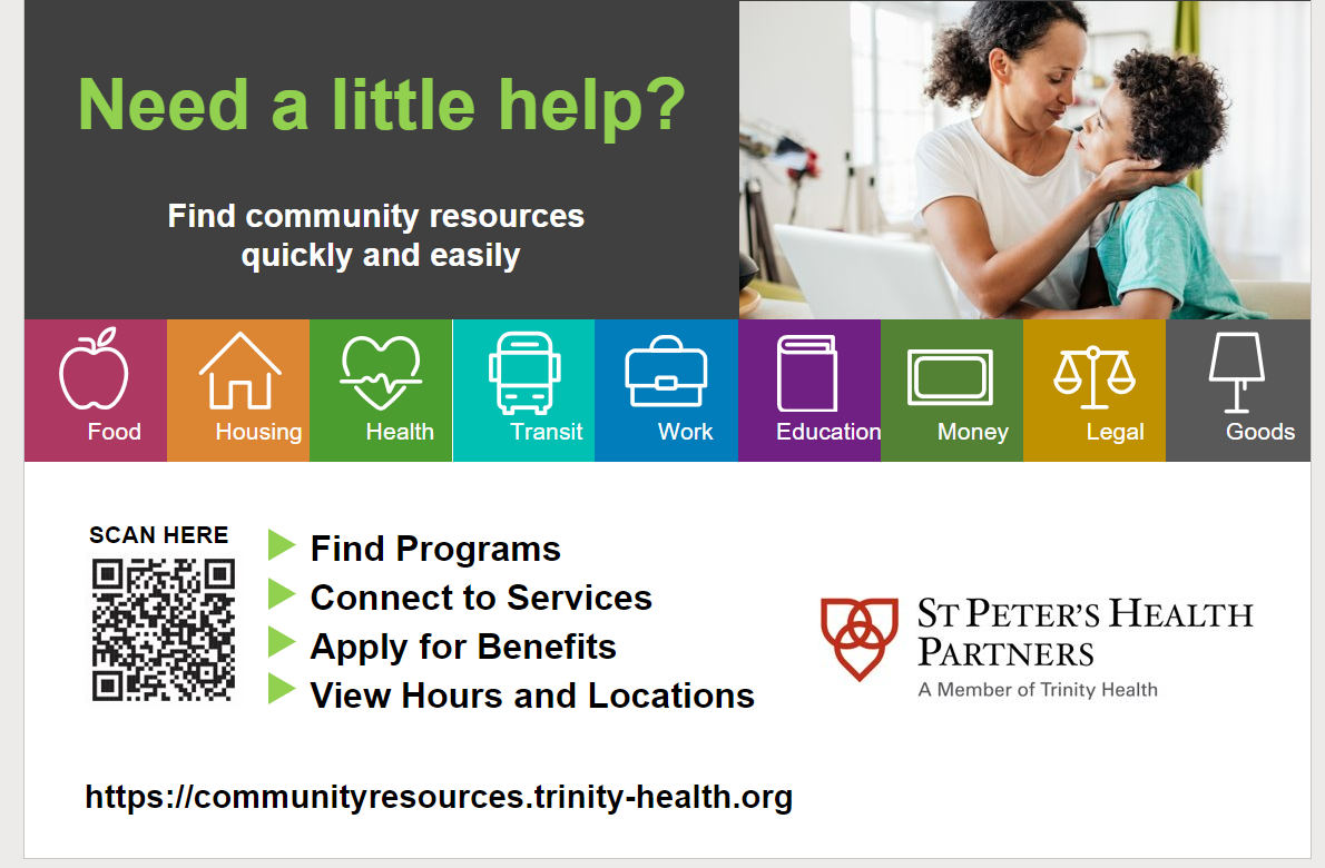 Scan here to learn more about Community Resources on the Trinity Health website