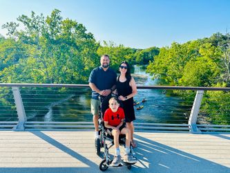 Anthony, Christine, and Parker Ramirez enjoy a sunny walk in Dublin, Ohio, where the family stayed for a few weeks while Parker was recovering from his surgery at Cleveland Clinic. The Ramirez Family