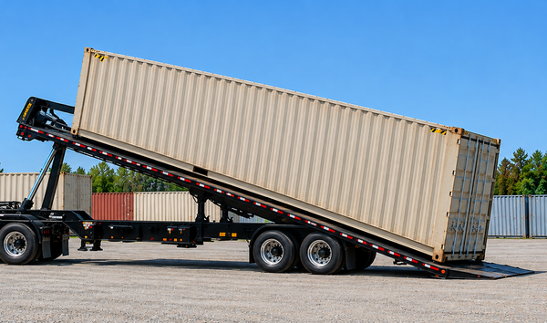 Tilt-bed or Landoll trailer transporting a shipping container