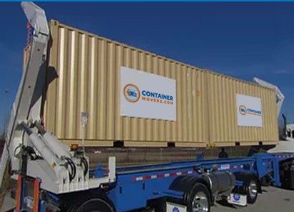 Sideloader Trailer lifting a ContainerMovers.com Conex Box Sidelifter Container Semi Trailer and Conex Boxes