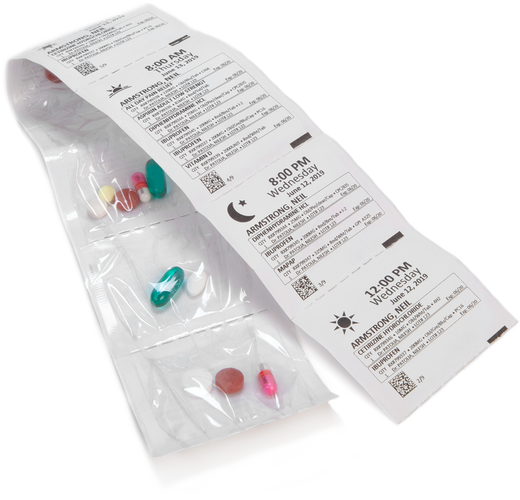 slim rip-off packs with medication organized and labeled by date, time, day, night/day, and patient name strip packaging