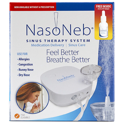 Picture of the product box for naso neb, a white machine with a small mask for sinus therapy NasoNeb