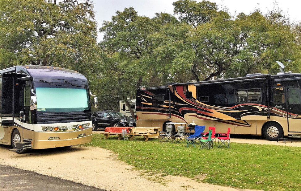 Large treed pull through sites for large 45' RVs Nice Rigs at MQ
