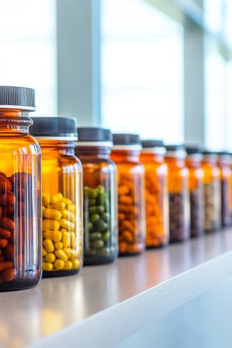 Row of amber glass prescription bottles filled with various pills and capsules on a pharmacy shelf.