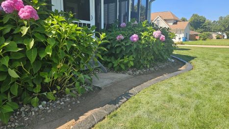 Decorative concrete landscape Border beside flowering hydrangeas