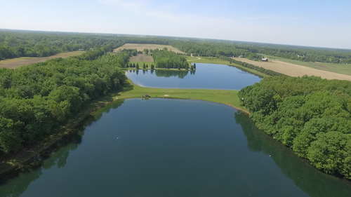 The smaller pond is 10 acres and the larger pond is 16 acres and the deepest part is 18 feet. 