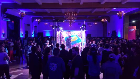 Picture of crowd around an graffiti artist performance in the Pasadena Mosaic Temple