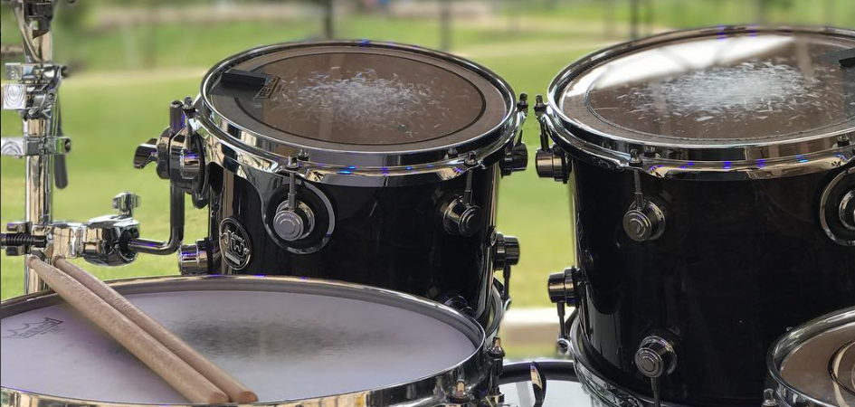 Close up of drum kit at an outdoor event