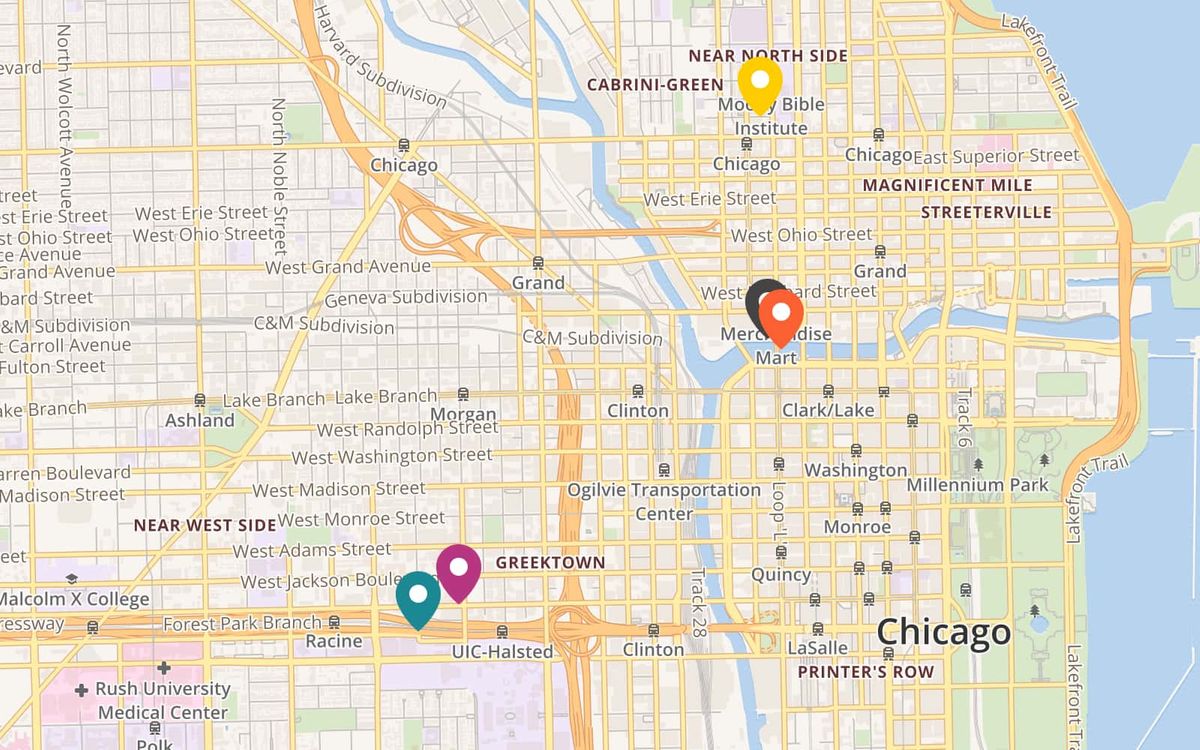 A map of web development, software engineering, data science and UX/UI design bootcamps in the city of Chicago. Bootcamps in Chicago