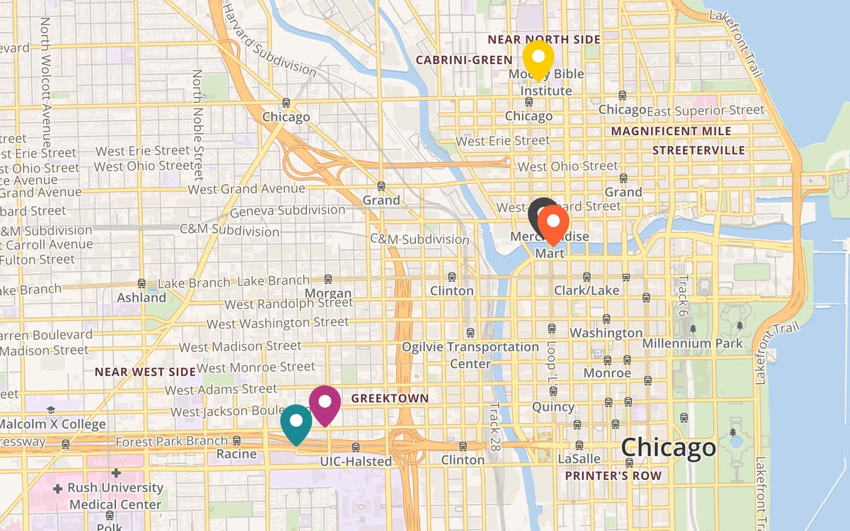 A map of web development, software engineering, data science and UX/UI design bootcamps in the city of Chicago. Bootcamps in Chicago