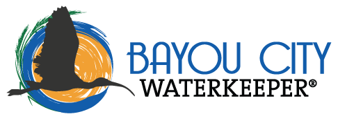 Image of an Ibis flying across the Sun with Name Bayou City Waterkeeper in black and blue Bayou City Waterkeeper Logo