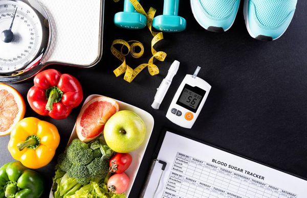 Healthy food sitting next to diabetic equipment Diabetic Care