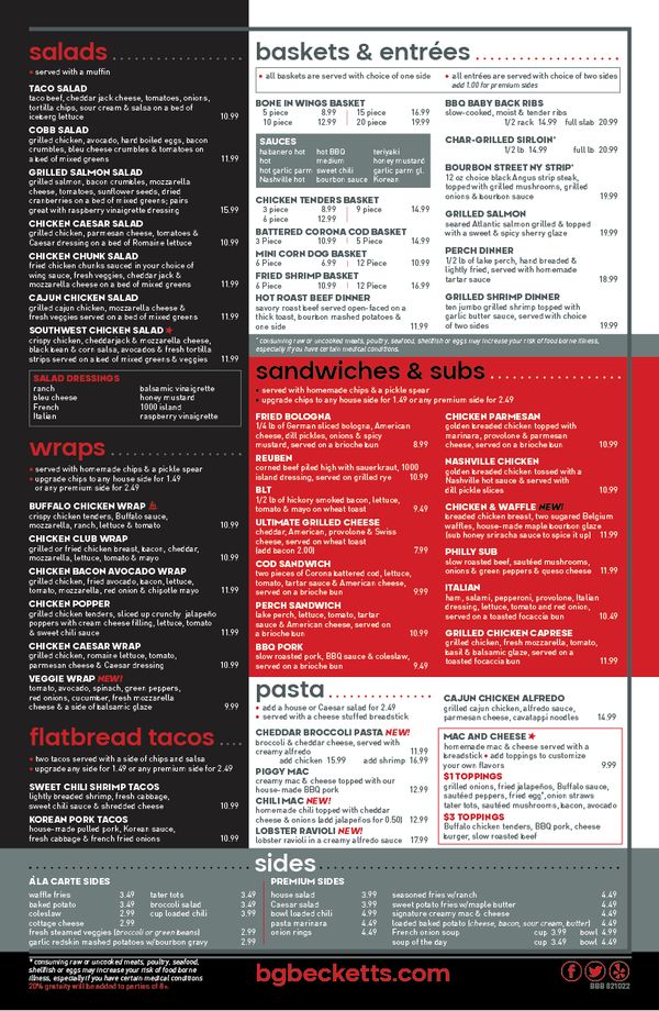 Menu Beckett s Burger Bar Beckett s