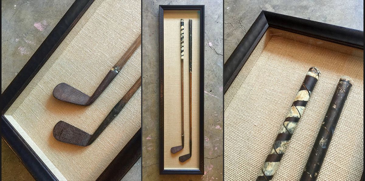 a shadowbox is defined by the sides, build up into a box that is deep enough to hold these vintage golf clubs Sports Equipment