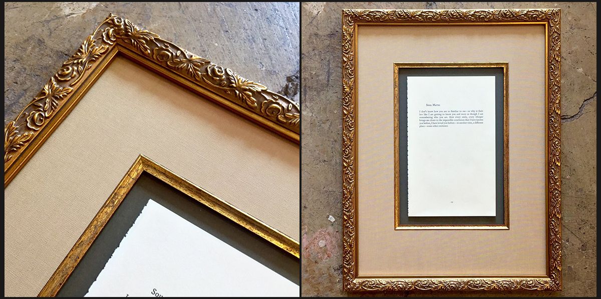 this love note floats over a green mat, framed by a gold fillet and linen mat that are raised up, creating visual depth that subtly drawn the viewer in for a closer look. floated mat