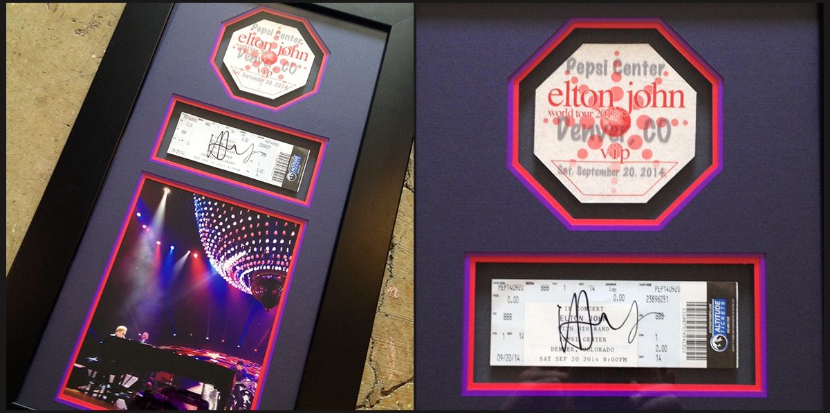 Special mat cuts highlight the shape of this VIP pass and ticket stub.  Special cuts