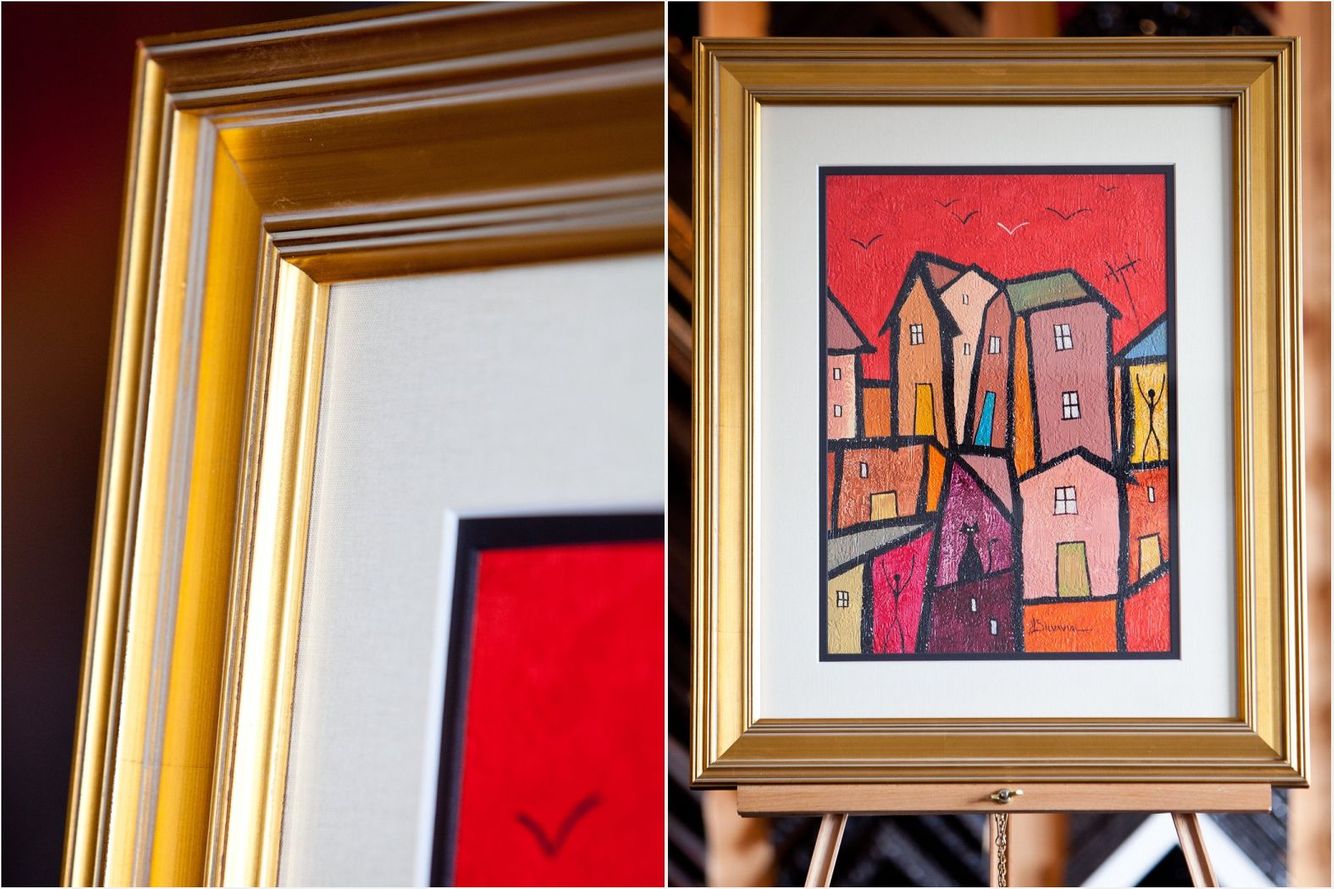 size: 17 x 22, framed with a double mat and a Larson Juhl Frame. No glass to let the paint breathe. Houses on Canvas