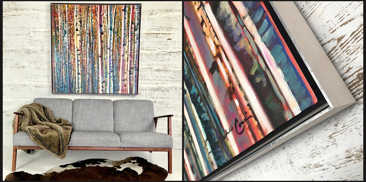 gallery wrapped canvas, nestled in a float frame where the edges of the canvas are exposed. Canvas