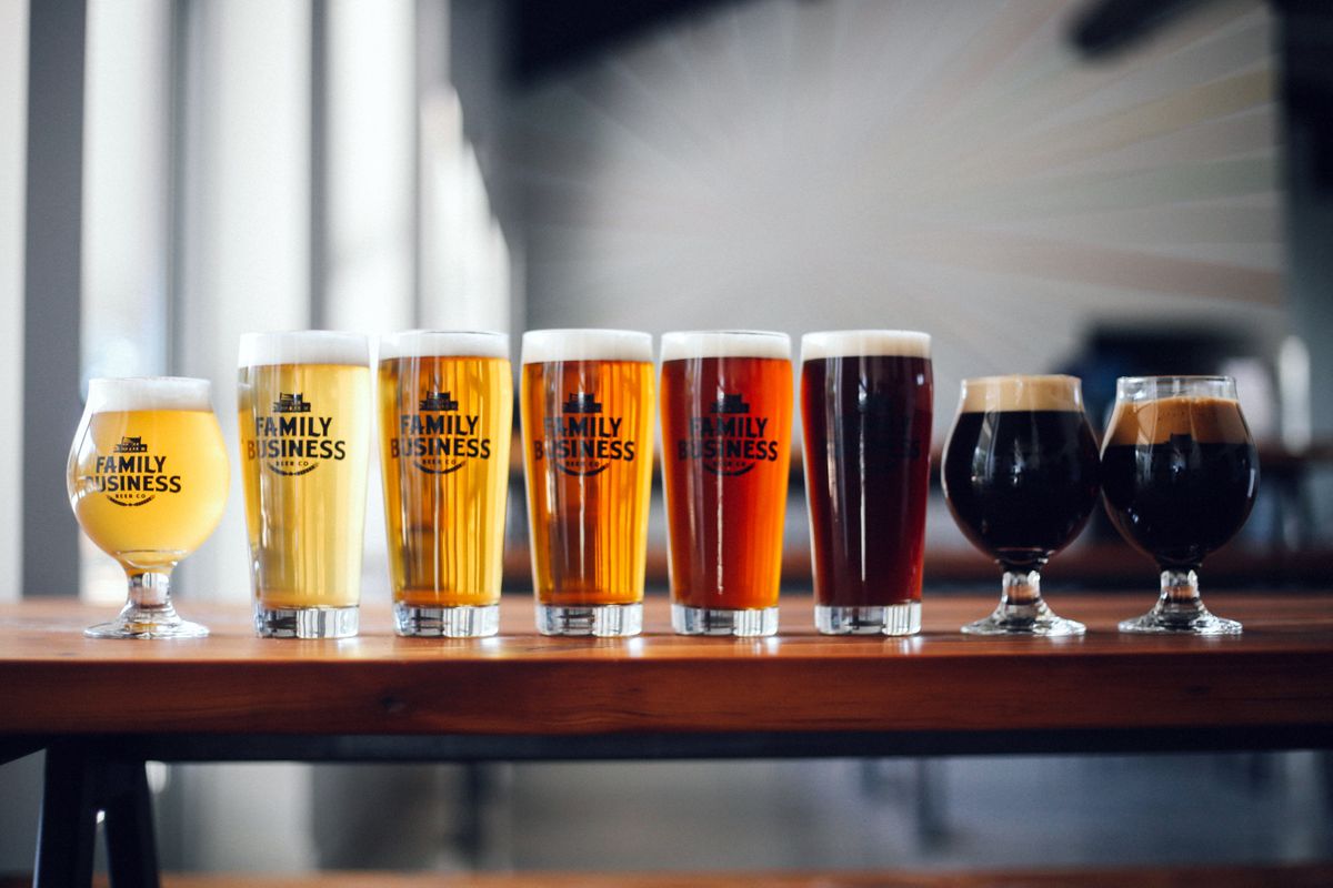 left to right_ Ghost White IPA, Fox Rye Lager, Hamilton Pale Ale, Cosmic Cowboy IPA, King Biscuit, Haulin' Oats, Winter Warmer, Grackle Imperial Stout.jpg