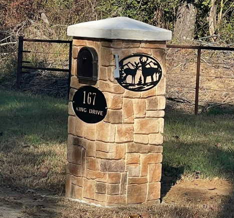 Custom stone mailbox column with address plaque by Boulder Designs