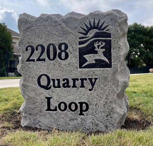 Custom engraved residential address boulder for 2208 Quarry Loop created by Boulder Designs.