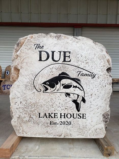 Personalized Lake House Boulder Sign with Fish Graphic and Family Name
