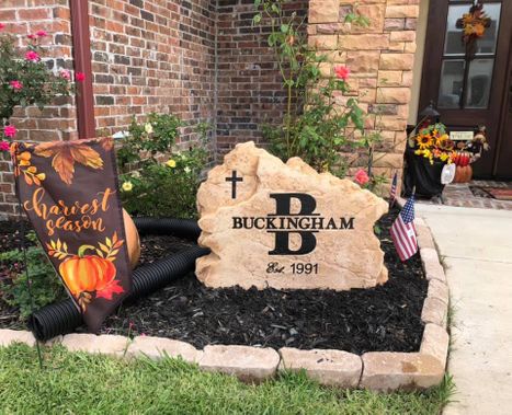 Personalized Buckingham Monogram Engraved Landscape Boulder Yard Sign Est. 1991