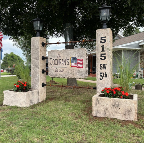 Personalized Cochran’s Address Landscape Boulder Sign with House Numbers and American Flag