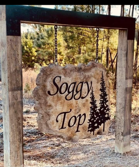 Custom Hanging Boulder Sign with “Soggy Top” Engraving for Cabin or Land Entrance