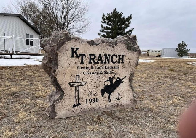 Personalized KT Ranch Name Boulder Address Sign with Western Ranch Artwork