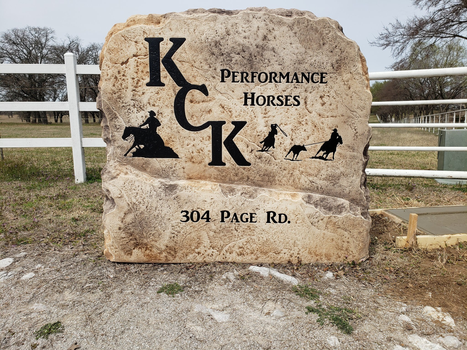 Custom Engraved Ranch Entrance Boulder Sign for Residential and Commercial Property Featuring KCK Performance Horses and Address