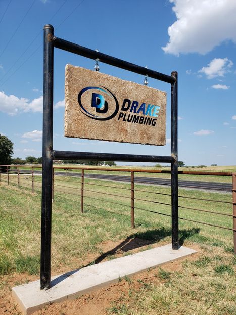 Engraved Stone Hanging Sign with Metal Frame and Full-Color Logo for Plumbing Business Entrance