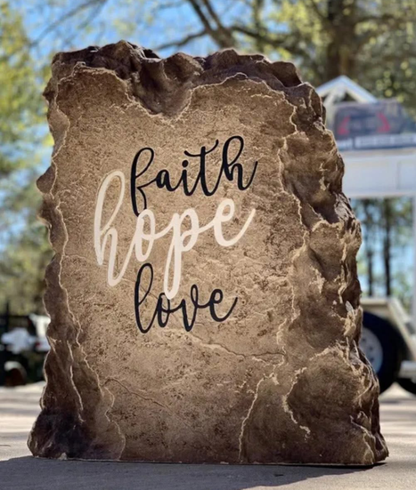 Decorative faith hope love engraved boulder garden sign