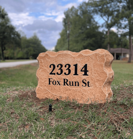 Custom engraved residential address boulder for 23314 Fox Run Street