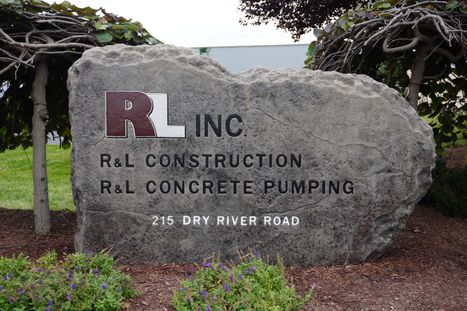 Custom crafted commercial R&L Construction engraved monument sign in Bridgewater Virginia